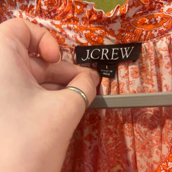 J.Crew Ruffle Collar Mini Long Sleeve Dress Cotton Poplin Orange Print Size L - Picture 4 of 6